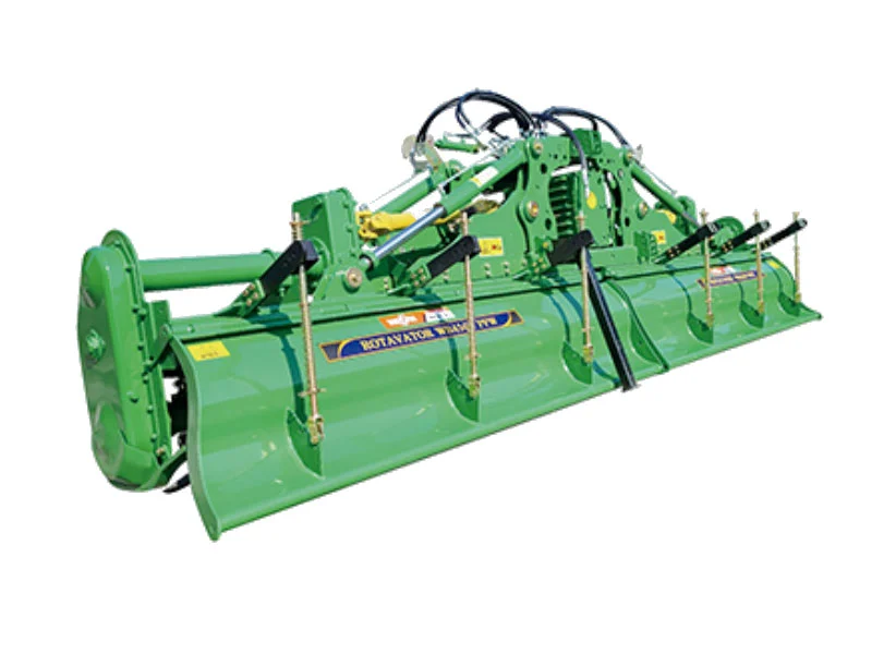 GK7 PFW series heavy-duty folding rotavator fully deployed for large-scale field tillage, featuring a double-structured frame and side gearboxes.